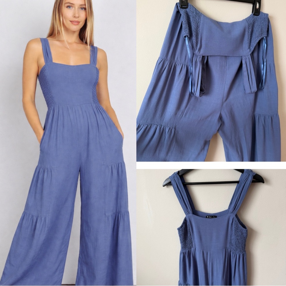 Women's V ery J Blue Sleeveless Wide Leg Square Neck Smocked Jumpsuit Size M
